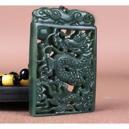 Natural jade A hetian jade hollow handcarved dragon black jade green jade pendant jade necklace unique jadeite jade jewelry