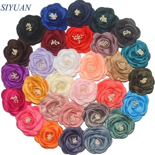 Wholesale 120pcs/lot 3 inch Satin Burned Camellia Hair Flower with Stamen Chic Headband And Brooch Accessories 30 Colors TH250