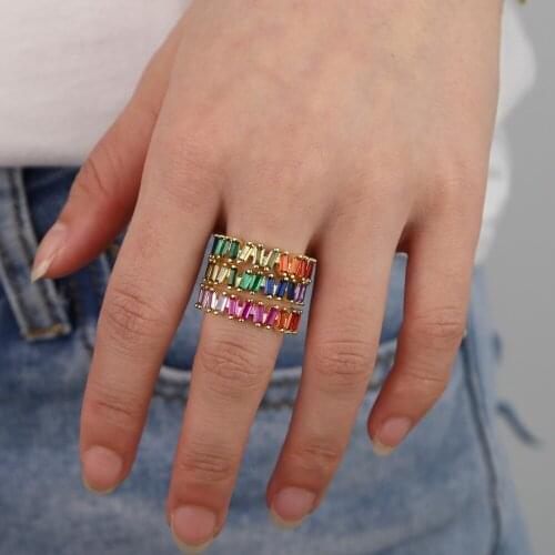 Rainbow baguette cz band ring Gold filled women girl anillos multi colored fashion design gift for birthday high quality