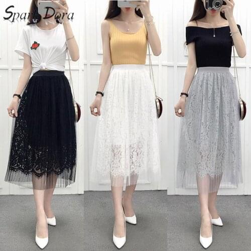 SparkDora High Waist Gauze Puff Skirt Medium Length 2020 Spring Summer New Style Simple Versatile Fairy Gauze Skirt Lace Skirt