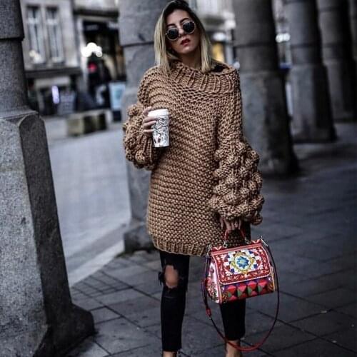 Super chic jumper red hand knitted sweater long sleeve o neck ball autumn winter sweater handmade