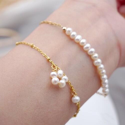 Women Pearl Bracelet Fashion Gold Color Cute Flower Hand Chain Bracelets Birthday Party Gifts Fine Jewelry Titanium steel Chain