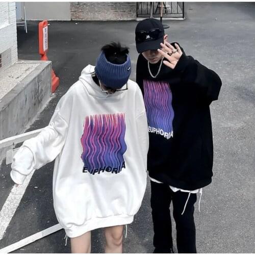 Street Harajuku pure hooded warm jacket high street cotton plus velvet thick round neck corrugated printed sweater loose casual