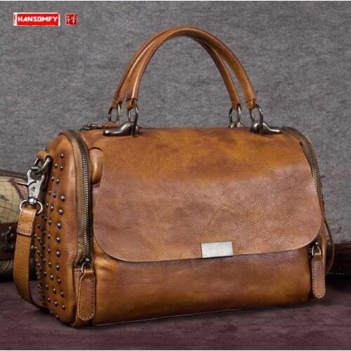 Retro Genuine Leather Women Handbag Shoulder Messenger Bags Ladies Crossbody Bag Rivet Cowhide Leather 2020 New Fashion Female