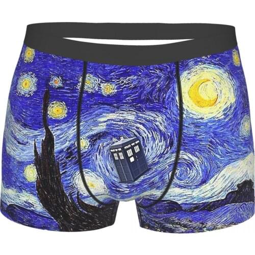 A Starry Night Van Gogh Mountain Inspiration With Tardis Starry Sky Underpants Homme Panties Man Underwear Print