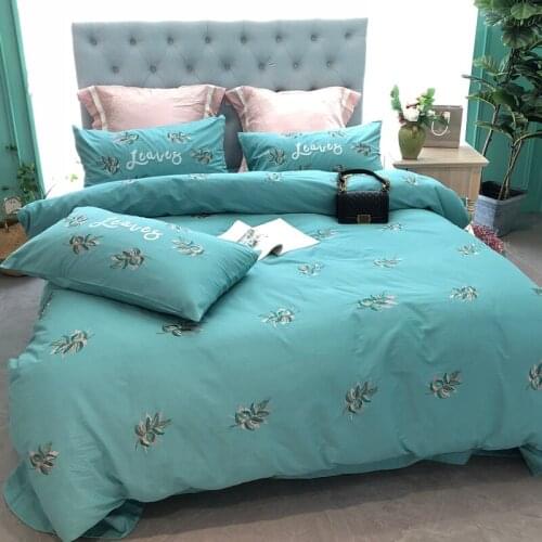 New Blue Luxury Embroidered Soft Thicken Sanding Cotton Bedding set Queen King Flower Duvet cover Bed sheet set Pillowcases 4pcs