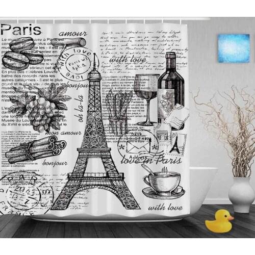Hand Drawn Set Of France Bathroom Shower Curtain Eiffel Tower Decor Shower Curtain Waterproof Polyester Fabric With Hooks