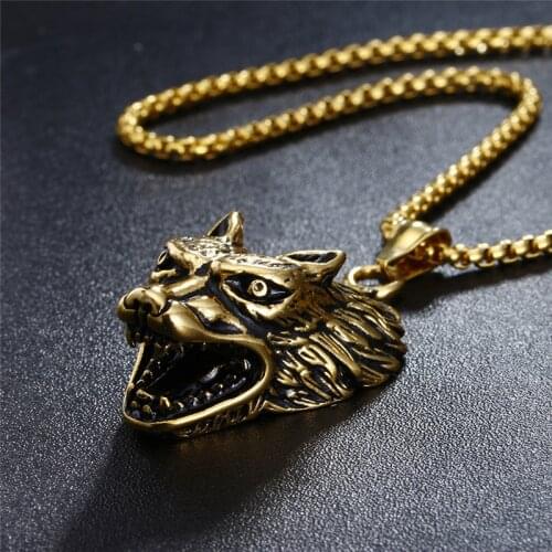 316L stainless steel Norse Vikings Pendant Necklace Norse Wolf Head Necklace Original Animal Jewelry