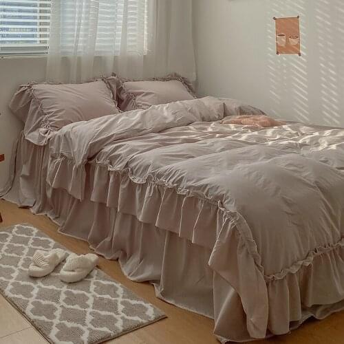 Luxury Bedding Set Washed Cotton Solid Color Simple Atmosphere Lotus Leaf Lace Quilt Cover Korean Bed Skirt Queen Full 4 PCS