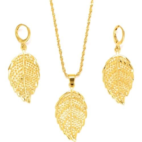 Dubai India Gold Color Leaf Necklace Earrings Jewelry Set Women African Jewellery conjunto de brincosSet for Women Girls gifts