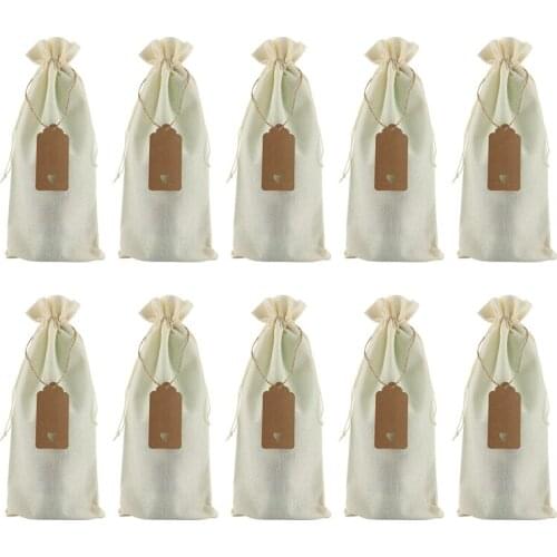 Burlap Wine Bags Wine Gift Bags with Drawstrings, Single Reusable Wine Bottle Covers with Ropes and Tags