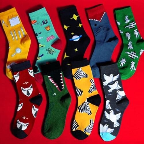 Zebra pigeons European and American mens socks Harajuku colorful happy funny bear fish long socks mens wedding Christmas gifts