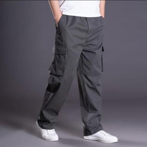 Autumn Winter Men cargo pants plus size 6XL safari style pockets cotton straight pants outdoor loose big size pants gray black