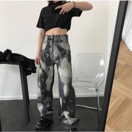Autumn New Handsome Street Stylish High Waisted Splash-ink Tie-dyed Jeans Loose Winter Thick Straight Leg Denim Trousers Girl