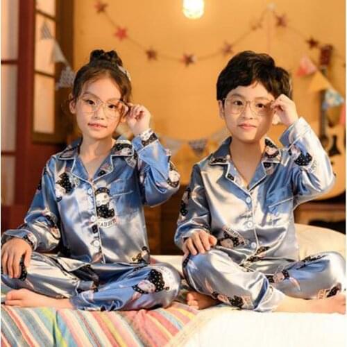 Girls Pajamas Set Autumn Long Sleeves Childrens Sleepwear Faux Silk Pijamas Boy Pyjamas Suit Kids Nightwear For 6 8 10 12Year