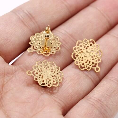 20pcs/lot Stainless Steel Hollow Flower Gold Tone Earrings Post Stud for Jewelry DIY Making Findings