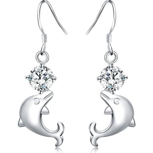 Hot Sale 925 Sterling Silver Color Cubic Zirconia Lever Back Loop Earrings Lovely Dolphin Design Jewelry For Woman Girl