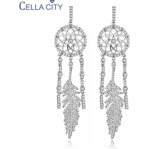 Cellacity Charms Earrings for Women Silver 925 Jewelry Fashion AAA Zircon Female Long Ear drops Dream catcher Feather Wholesale