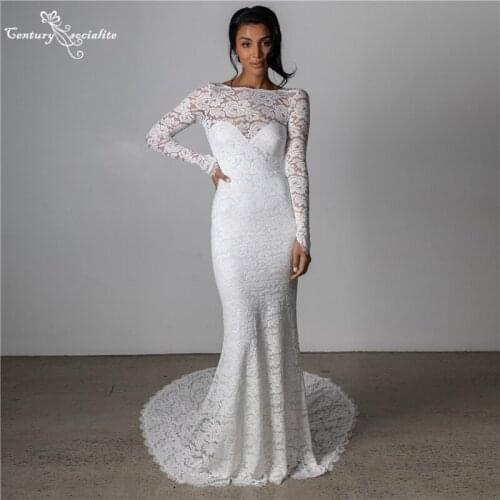Long Sleeve Boho Wedding Dresses Mermaid Bridal Dress 2021 O-Neck Backless Lace Bohemain Bride Gowns Beach Vestido De Noiva