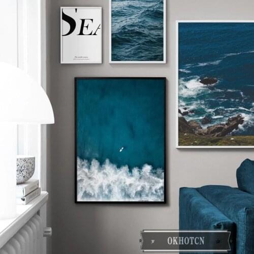 Dark Blue Seascape Canvas Painting Abstract Woman Body Line Drawing Poster Nordic Wall Art Print Pictures for Living Room Decor