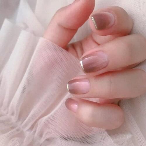 24pcs Glitter Metal Silver Side Short Full Cover Nail Art Tips with Glue Women Purple Gray Gradient Nude Color acrylic nail tips