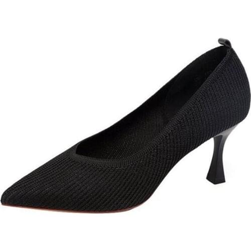 Sexy Women Pumps Ladies Wedding Shoes Women Thin High Heels None-Woven Slip On 7CM Pointed Toe Office & Career Shallow Black