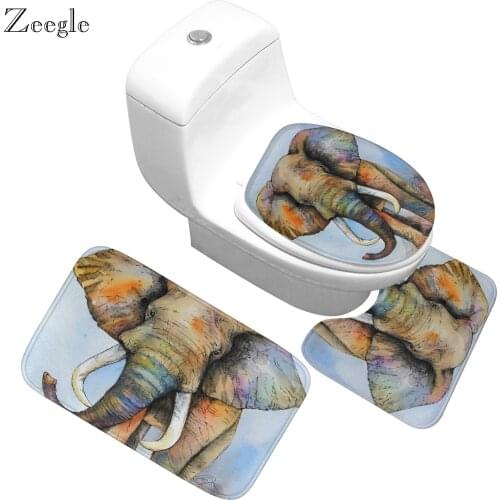 Zeegle Elephant Pattern Toilet Seat Cover Bath Mat Absorbent Non-Slip Bathroom Rug Bath Mat Set Flannel Floor Mats for Bathroom