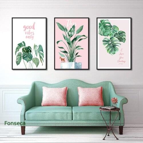 Green Leaf Pink Background Poster Fresh Nordic Style Wall Art Canvas Painting Hd Print Wall Picture For Living Room Home Decor