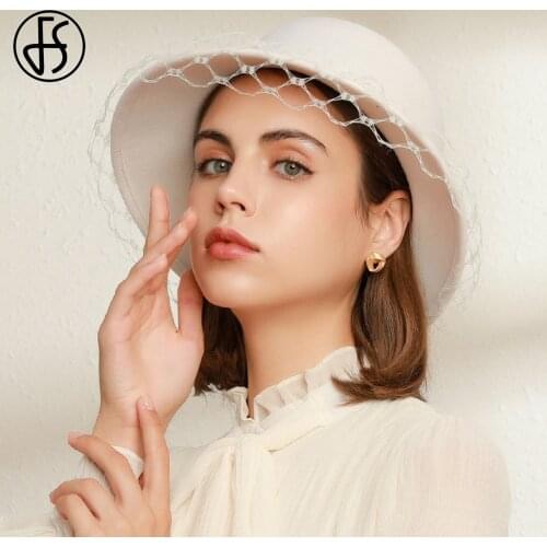 FS White Black Wool Felt Flat Fedoras Caps With Veils Big Brim Hats For Women Bride Wedding Church Hats Lady Derby Cloche Cap