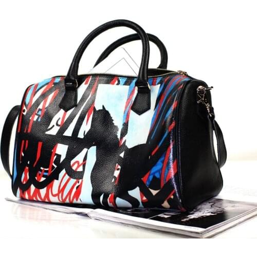 2019 Original Street Hip Hop Graffiti Print Boston Bag 100% Natural Leather Womens Handbag High Quality Speedy 30 Design Tote