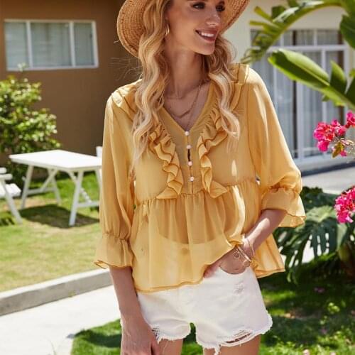 Women Yellow Blouses Summer Cotton Ladies Chiffon Button Thin Blouses Tops V-neck Flare Sleeve Ruffle High Quality Female Shirt
