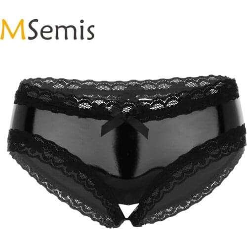 Women Lingerie Shiny Wetlook Leather Lace Panties Sexy Open Crotch V-Back G-string Briefs Sissy Mini Crotchless Latex Underwear