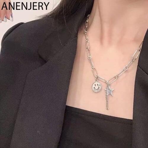 ANENJERY 925 Sterling Silver Star Smiling Face Chain Tassel Necklace For Women Vintage Handmade Jewelry collares S-N517