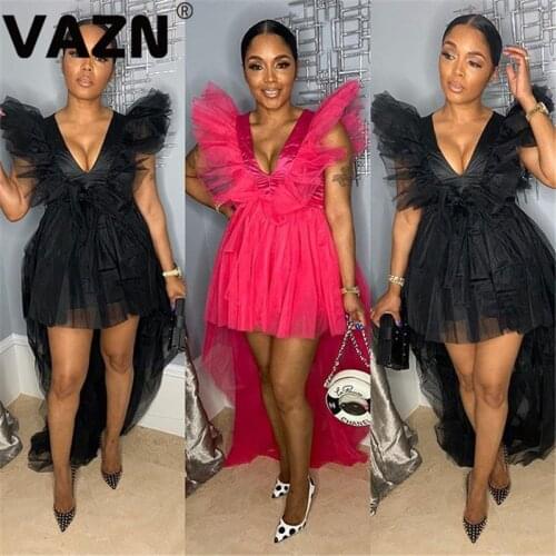 VAZN New arrival Tulle Banquet PartyBig Swing Dress Beach Solid Sleeveless V-neck Dress Casual Sundress