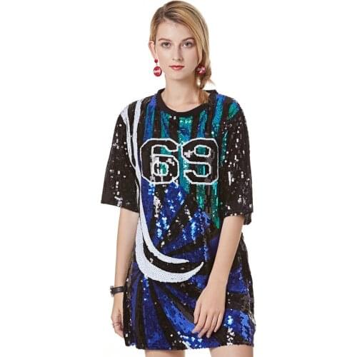 Summer Casual Elegant Straight Half Street Embroidery Number O-neck Black Sexy Club Party Women Sequin T-shirt Dresses 9958
