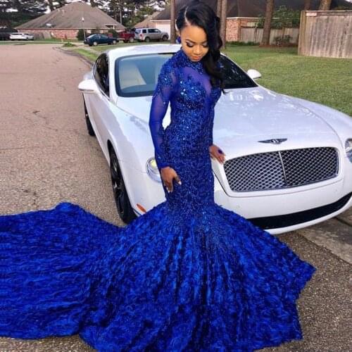 Royal Blue Black Girls Mermaid Evening Dresses 2020 Long Sleeves 3D Floral Skirt Lace Applique Beaded Formal Party Prom Dress