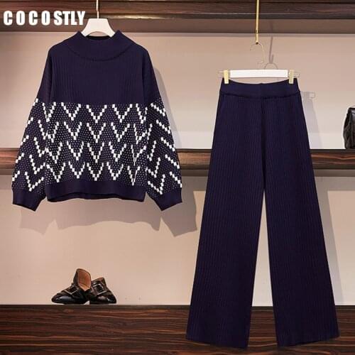 Winter two piece set women tracksuit Pullovers Loose Knitting Sweater+Wide-leg Pants Women 2pcs Suit matching sets plus size