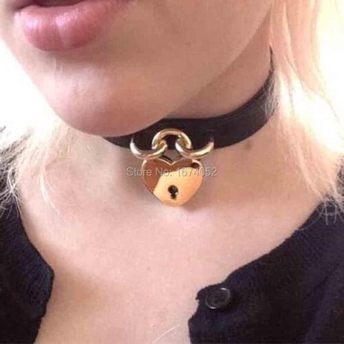 100% Handcrafted Women Girl Harajuku Gold Heart Metal Padlock Key Lock Choker Leather Collar Necklace