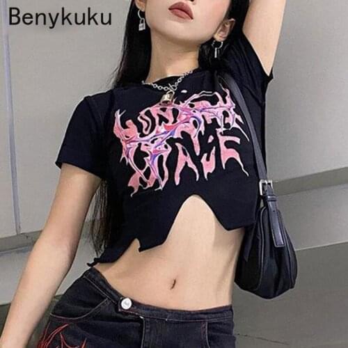 2021 Grunge Gothic Print T-shirts Harajuku O Neck Sexy Hollow Out Y2K T Shirt Punk Streetwear Short Sleeve Women Crop Tops