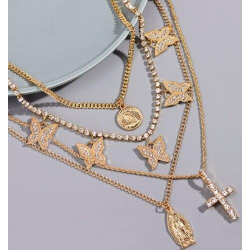 2021 New Gold Butterfly Rhinestone Tennis Chain Necklace For Women Multi-layer Portrait Cross Pendant Necklace Trendy Jewelry