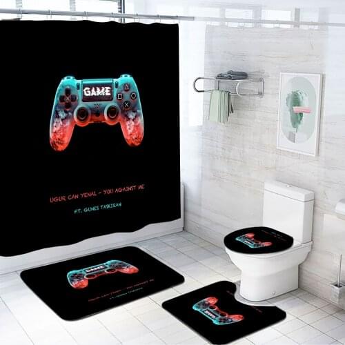 4 Pcs Gamer Shower Curtain Set with Rugs Toilet Lid Cover Bath Mat Teens Waterproof Bathroom Curtain Set Eco-Friendly Rug Set