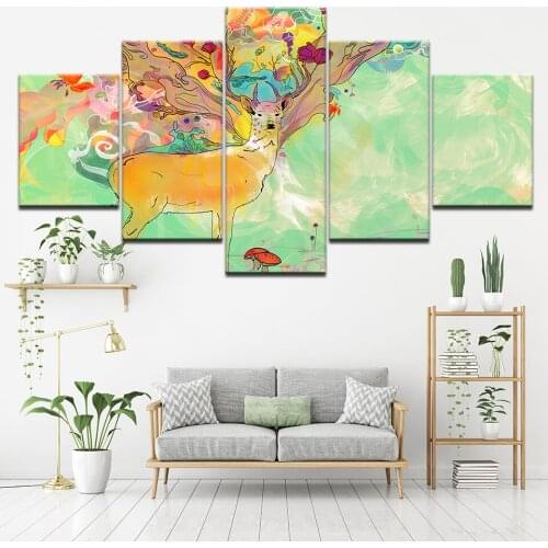 Watercolor Flower Animal Deer Wall Art Canvas Painting HD Prints Pictures 5 Piece Abstract Bedroom Living Room Home Decor Poster