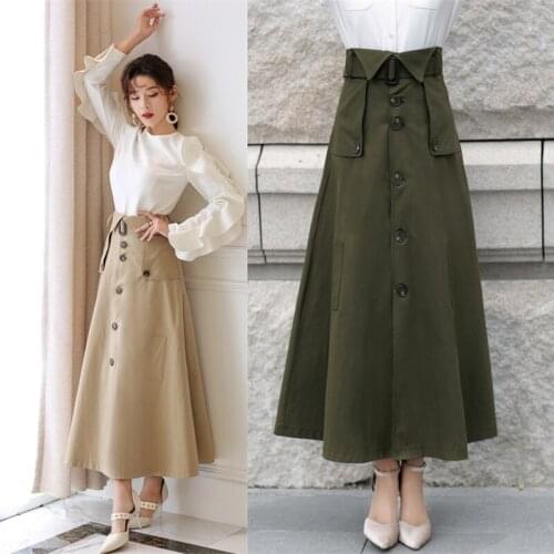 Free Shipping 2021 New Fashion Long Mid-calf Skirt For Women XS-3XL A-line Ladies Khaki And Army Green High Waist Skirts