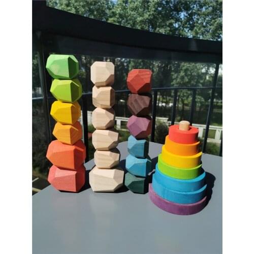 Kids Montessori Wooden Toy Big Jenga Stones Rainbow Gems Arch Building Blocks Nordic Wood Stacking Tower