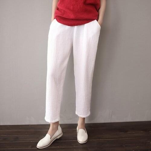 Women Cotton Linen Elastic Waist Solid Color Pants Ladies Casual Vintage Trousers Female Spring Summer Loose Pants