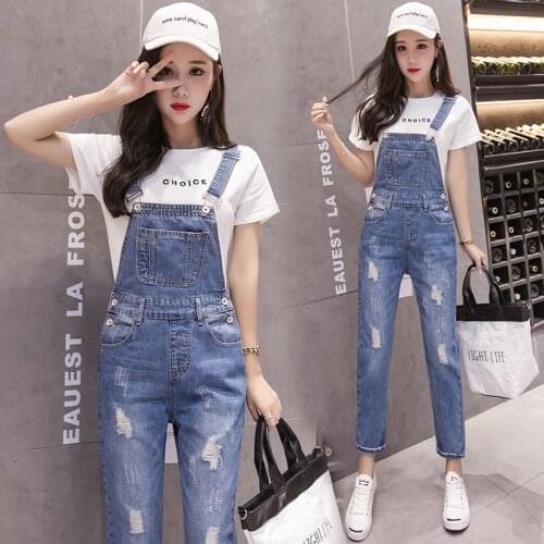 Denim Overalls Women Fashion Ripped Hole Jumpsuit Casual Solid Color Strap Trousers Female Jeans Streetwear