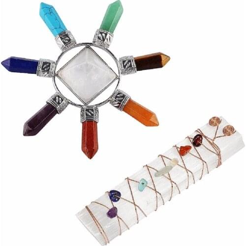 Healing Crystals Kit,7 Chakra Stone Points Pyramid Energy Generator,7 Chakra Beads Selenite Stick Reiki Balancing Meditation Set