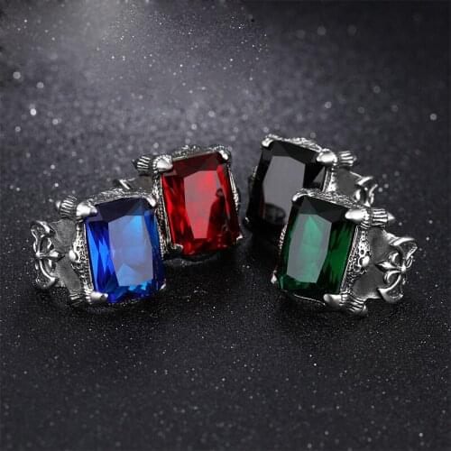 Gem ring men wholesale stainless steel black blue red green gem rings antique knight vintage men rings gifts for men accessories