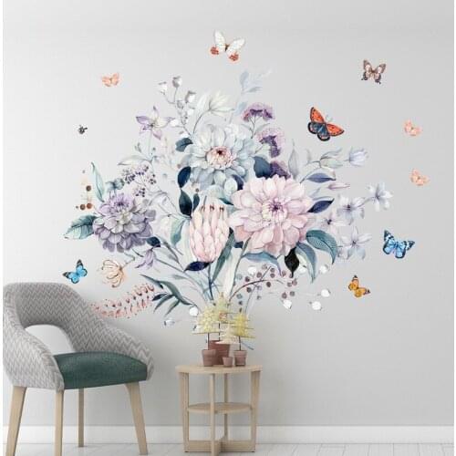 Watercolor Flower WallSticker Living Room Sofa Backdrop Wall Decoration Rose Butterflies Bedroom Wallpaper Home Office Decor Art
