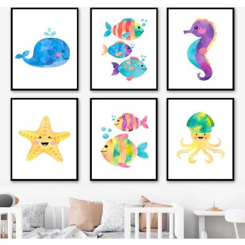 Whale Seahorse Starfish Octopus Bubble Fish Wall Art Canvas Painting Nordic Posters And Prints Wall Pictures Kids Room Decor